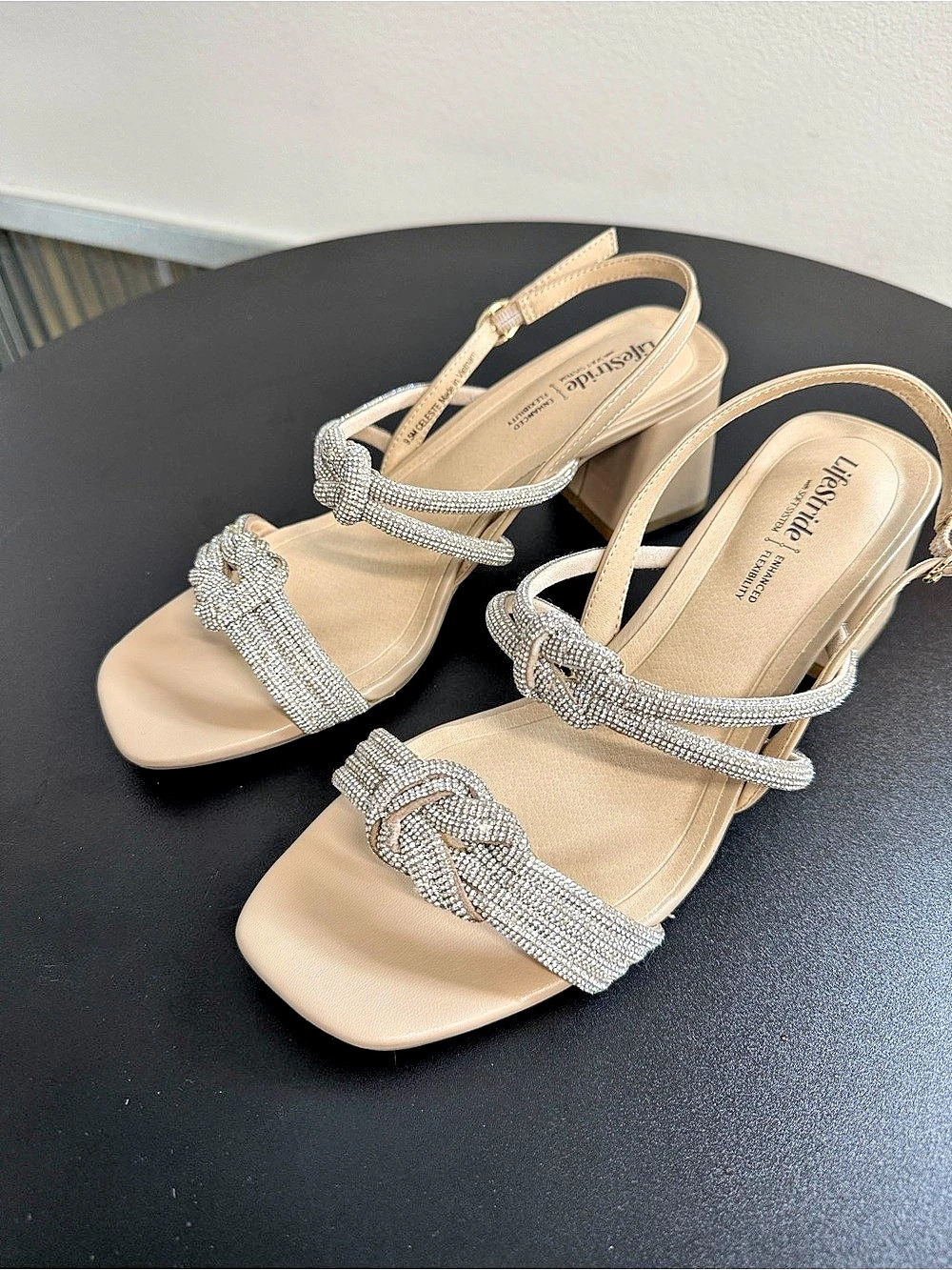 Lifestride Celeste Slingback Sandal Rhinestone Block Heel Sandals Beige & Silver